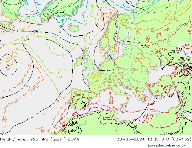 Height/Temp. 925 hPa ECMWF Th 30.05.2024 12 UTC