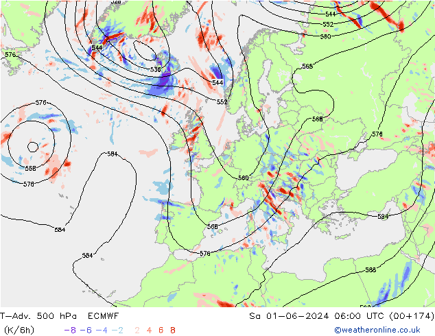 T-Adv. 500 hPa ECMWF Sa 01.06.2024 06 UTC