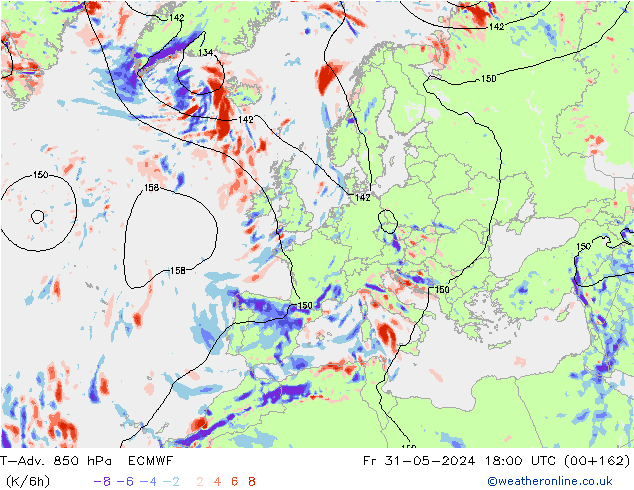 T-Adv. 850 hPa ECMWF Fr 31.05.2024 18 UTC