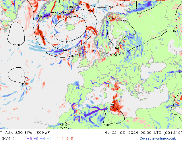 T-Adv. 850 hPa ECMWF Seg 03.06.2024 00 UTC