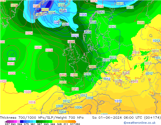 700-1000 hPa Kalınlığı ECMWF Cts 01.06.2024 06 UTC