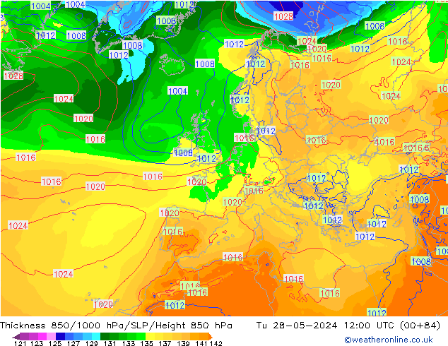 Espesor 850-1000 hPa ECMWF mar 28.05.2024 12 UTC