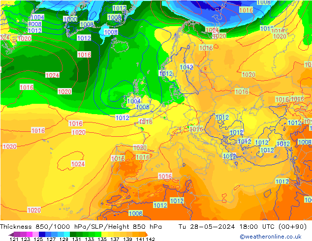 Schichtdicke 850-1000 hPa ECMWF Di 28.05.2024 18 UTC