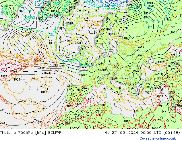 Theta-e 700hPa ECMWF Mo 27.05.2024 00 UTC