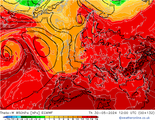 Theta-W 850hPa ECMWF czw. 30.05.2024 12 UTC