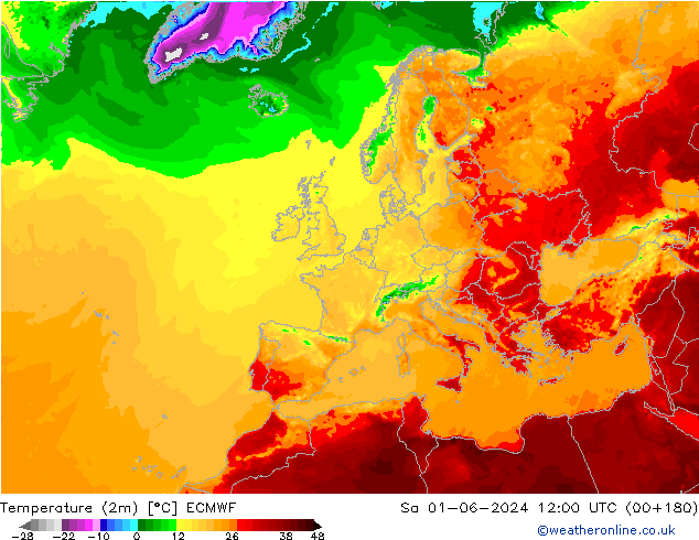 Temperatura (2m) ECMWF sab 01.06.2024 12 UTC