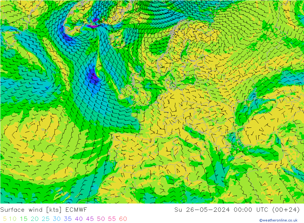 wiatr 10 m ECMWF nie. 26.05.2024 00 UTC