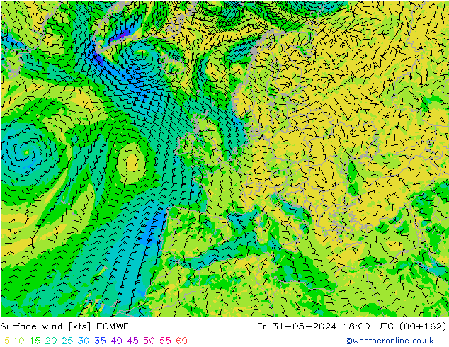 wiatr 10 m ECMWF pt. 31.05.2024 18 UTC