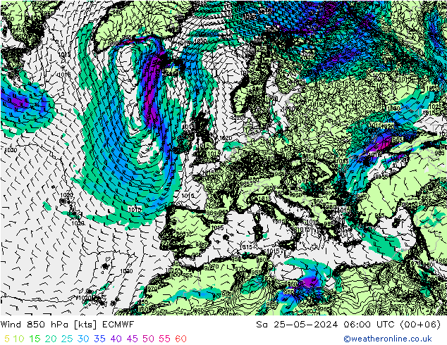 Wind 850 hPa ECMWF Sa 25.05.2024 06 UTC