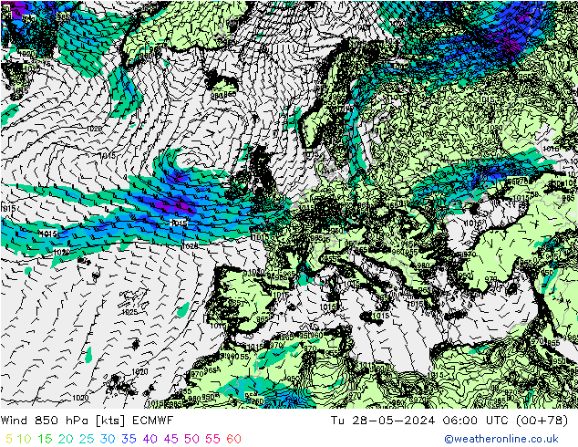Wind 850 hPa ECMWF Di 28.05.2024 06 UTC