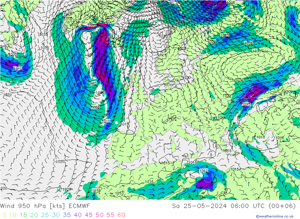 Vento 950 hPa ECMWF Sáb 25.05.2024 06 UTC