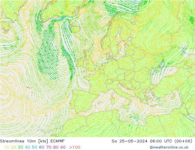 Streamlines 10m ECMWF Sa 25.05.2024 06 UTC