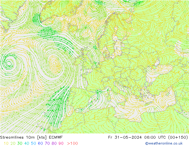 Streamlines 10m ECMWF Fr 31.05.2024 06 UTC