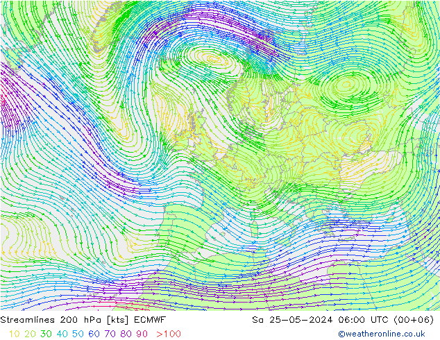 Linia prądu 200 hPa ECMWF so. 25.05.2024 06 UTC