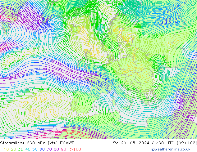 Linea di flusso 200 hPa ECMWF mer 29.05.2024 06 UTC