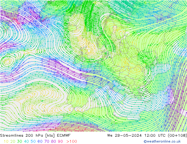 Streamlines 200 hPa ECMWF We 29.05.2024 12 UTC