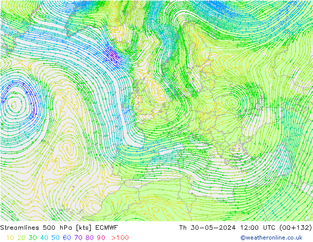 Linha de corrente 500 hPa ECMWF Qui 30.05.2024 12 UTC