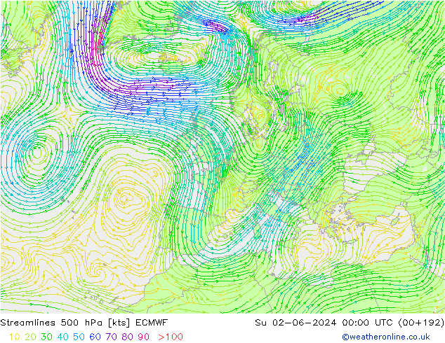 Stromlinien 500 hPa ECMWF So 02.06.2024 00 UTC