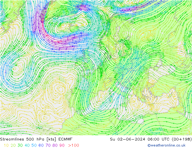 Streamlines 500 hPa ECMWF Su 02.06.2024 06 UTC