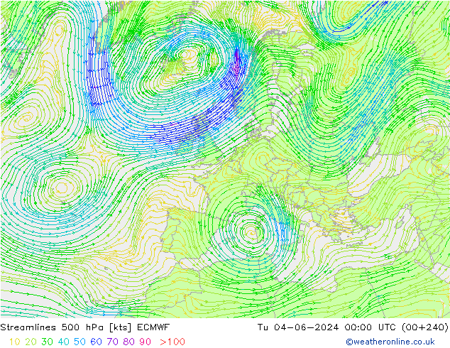 Linha de corrente 500 hPa ECMWF Ter 04.06.2024 00 UTC