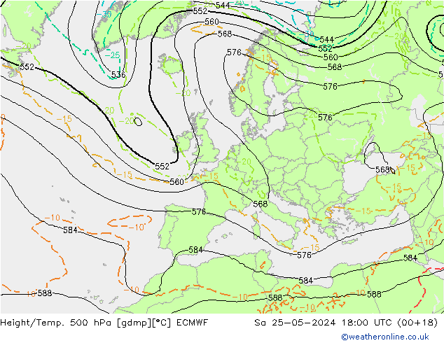 Z500/Rain (+SLP)/Z850 ECMWF Sa 25.05.2024 18 UTC