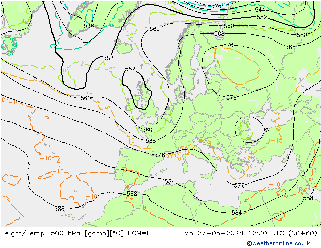 Z500/Rain (+SLP)/Z850 ECMWF Po 27.05.2024 12 UTC