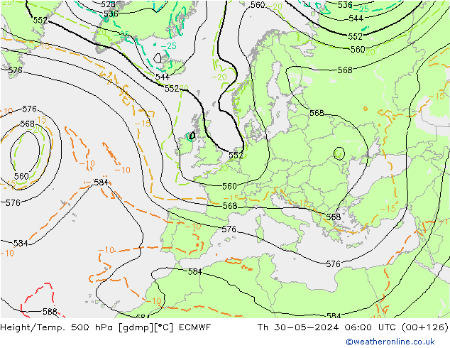 Z500/Rain (+SLP)/Z850 ECMWF jue 30.05.2024 06 UTC