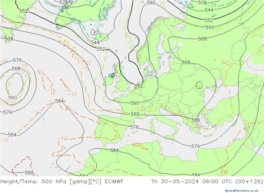 Height/Temp. 500 hPa ECMWF Qui 30.05.2024 06 UTC