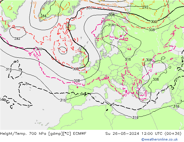 Géop./Temp. 700 hPa ECMWF dim 26.05.2024 12 UTC