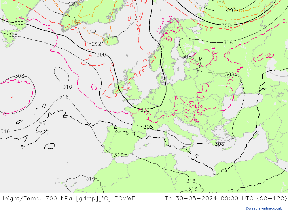 Hoogte/Temp. 700 hPa ECMWF do 30.05.2024 00 UTC