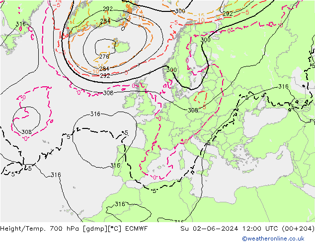 Height/Temp. 700 hPa ECMWF Su 02.06.2024 12 UTC