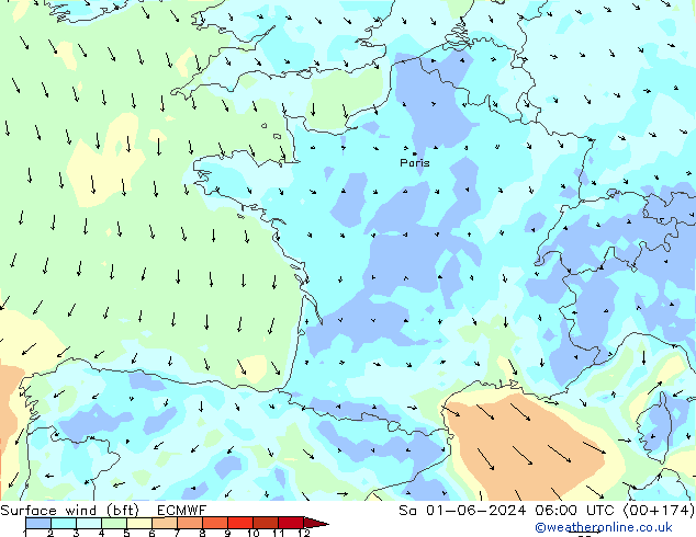 Viento 10 m (bft) ECMWF sáb 01.06.2024 06 UTC