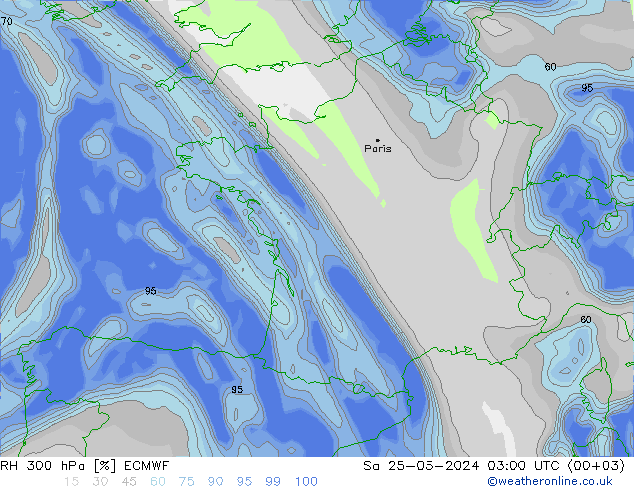 Humidité rel. 300 hPa ECMWF sam 25.05.2024 03 UTC