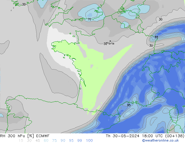 RH 300 hPa ECMWF Čt 30.05.2024 18 UTC