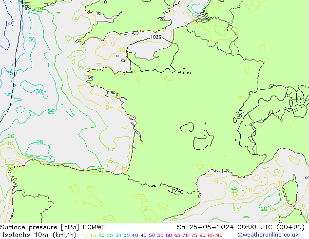 Isotachs (kph) ECMWF sam 25.05.2024 00 UTC