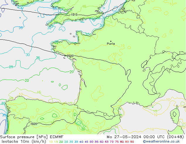 Isotaca (kph) ECMWF lun 27.05.2024 00 UTC