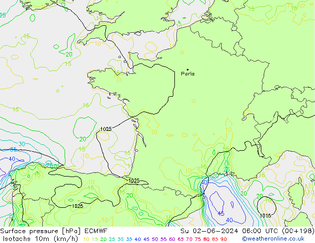 Isotachs (kph) ECMWF dim 02.06.2024 06 UTC