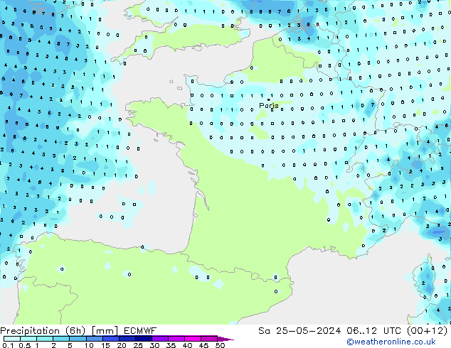 Precipitation (6h) ECMWF Sa 25.05.2024 12 UTC