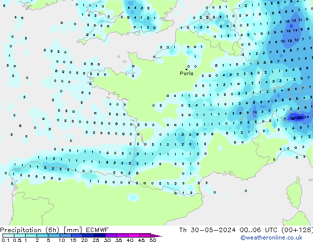 Precipitation (6h) ECMWF Čt 30.05.2024 06 UTC
