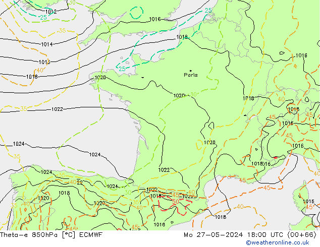 Theta-e 850hPa ECMWF Pzt 27.05.2024 18 UTC