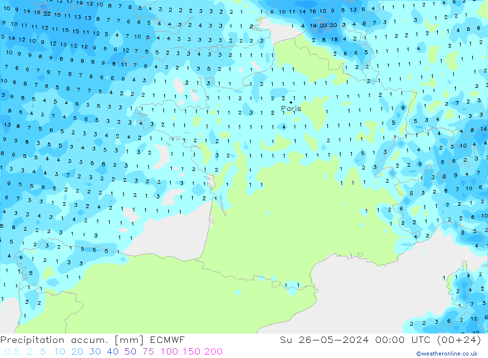 Precipitation accum. ECMWF Вс 26.05.2024 00 UTC