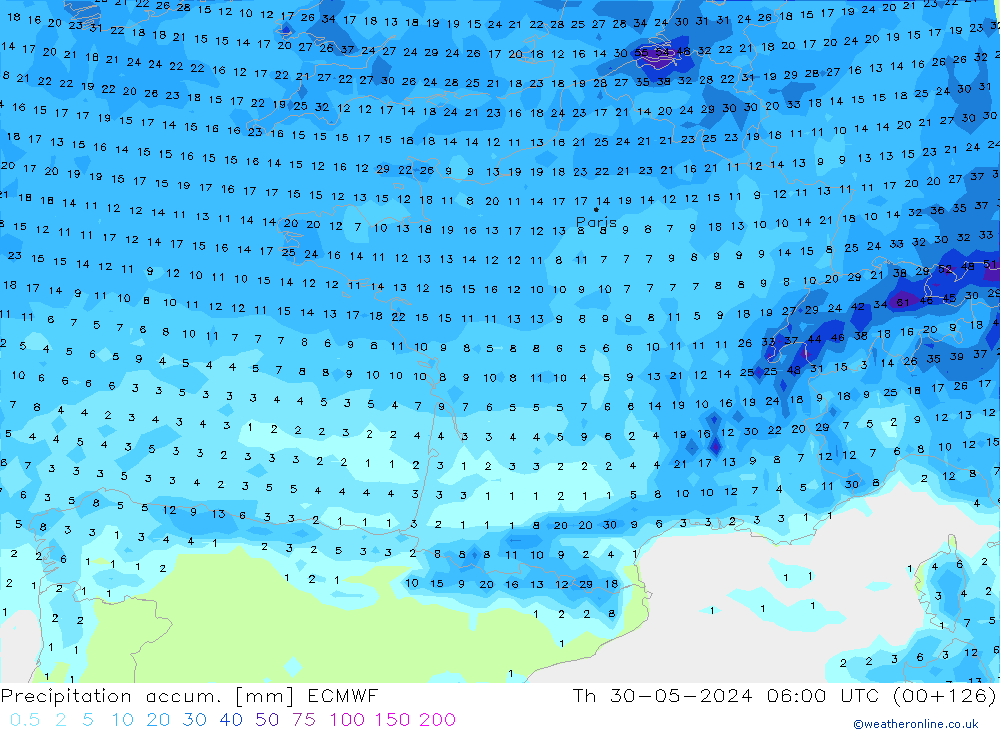 Precipitation accum. ECMWF gio 30.05.2024 06 UTC