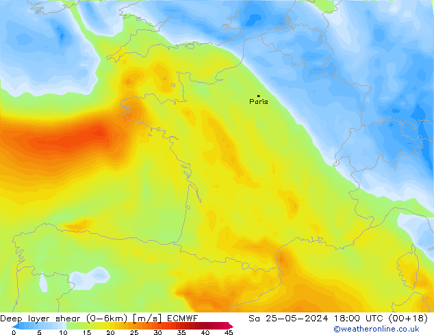 Deep layer shear (0-6km) ECMWF sab 25.05.2024 18 UTC