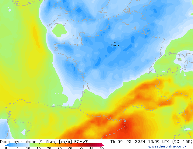 Deep layer shear (0-6km) ECMWF gio 30.05.2024 18 UTC