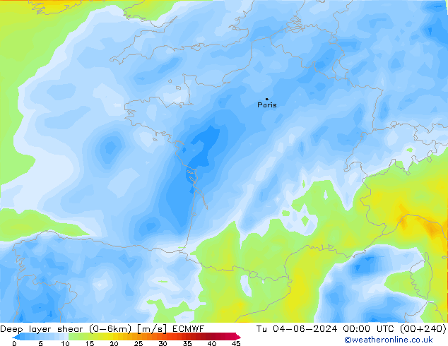 Deep layer shear (0-6km) ECMWF di 04.06.2024 00 UTC