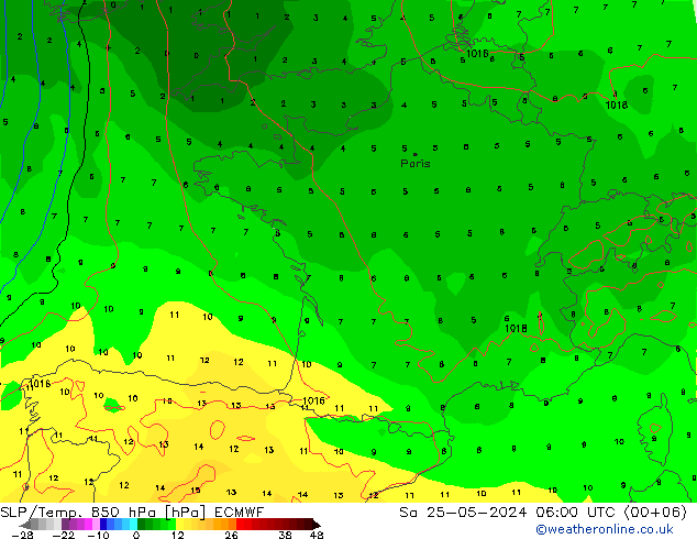 SLP/Temp. 850 hPa ECMWF Sa 25.05.2024 06 UTC