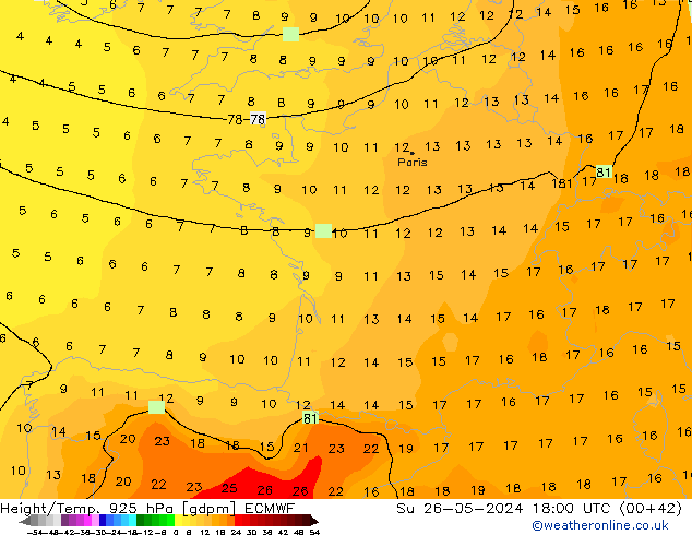 Hoogte/Temp. 925 hPa ECMWF zo 26.05.2024 18 UTC