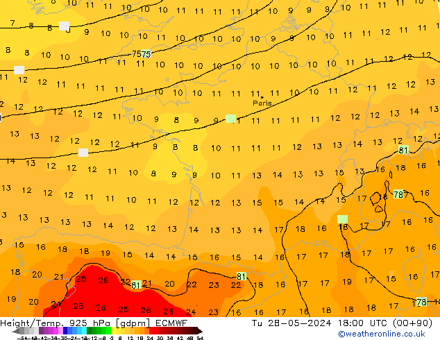 Height/Temp. 925 hPa ECMWF Di 28.05.2024 18 UTC