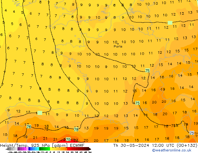 Height/Temp. 925 hPa ECMWF Th 30.05.2024 12 UTC