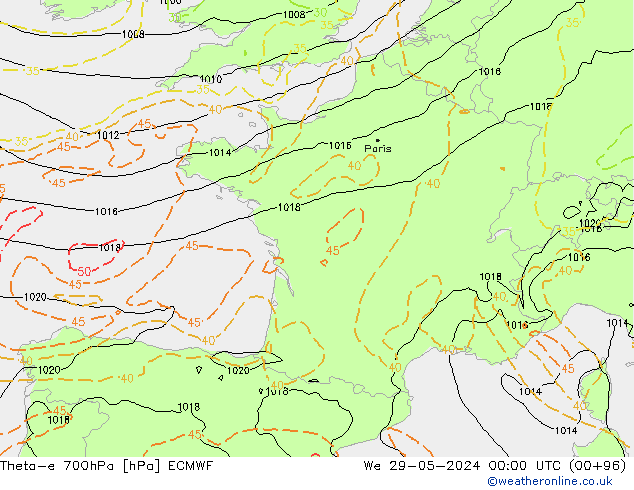 Theta-e 700hPa ECMWF śro. 29.05.2024 00 UTC